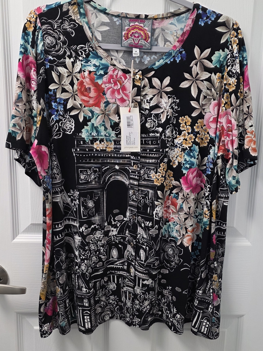 Johnny Was Black White Paris Short Sleeve Top Shirt Eiffel Tower Plus 1X $150